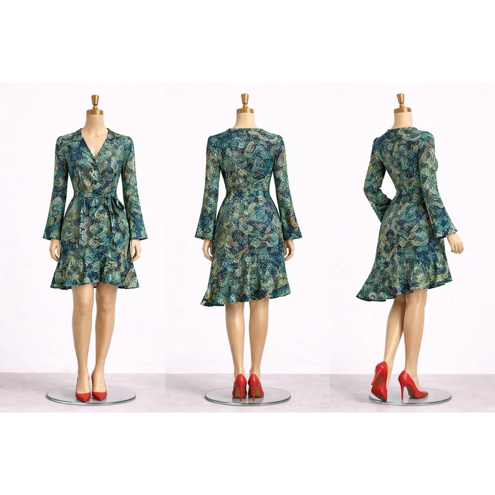 Always Indio Dress Women M Green Paisley Wrap Tie Waist Boho Y2K  Mini Long Slv